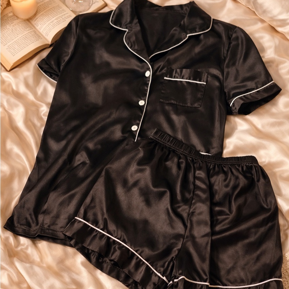 Luxurious Black Satin Pajama Set with White Trim